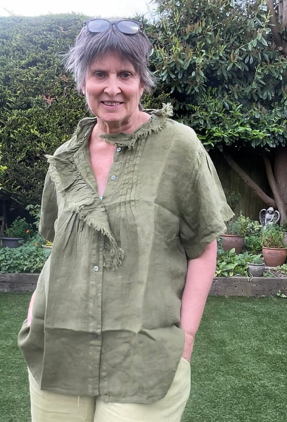 Khaki ruffle blouse