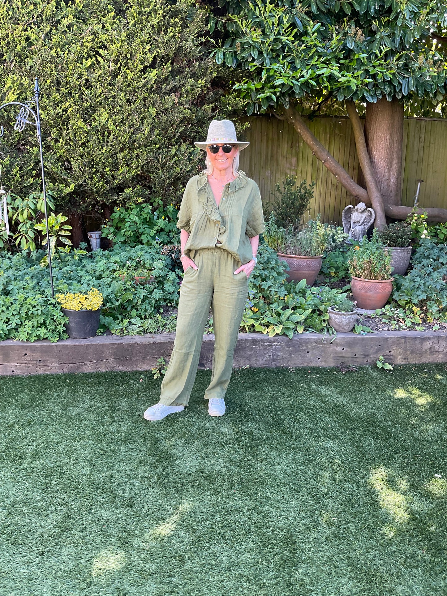 Khaki ruffle blouse