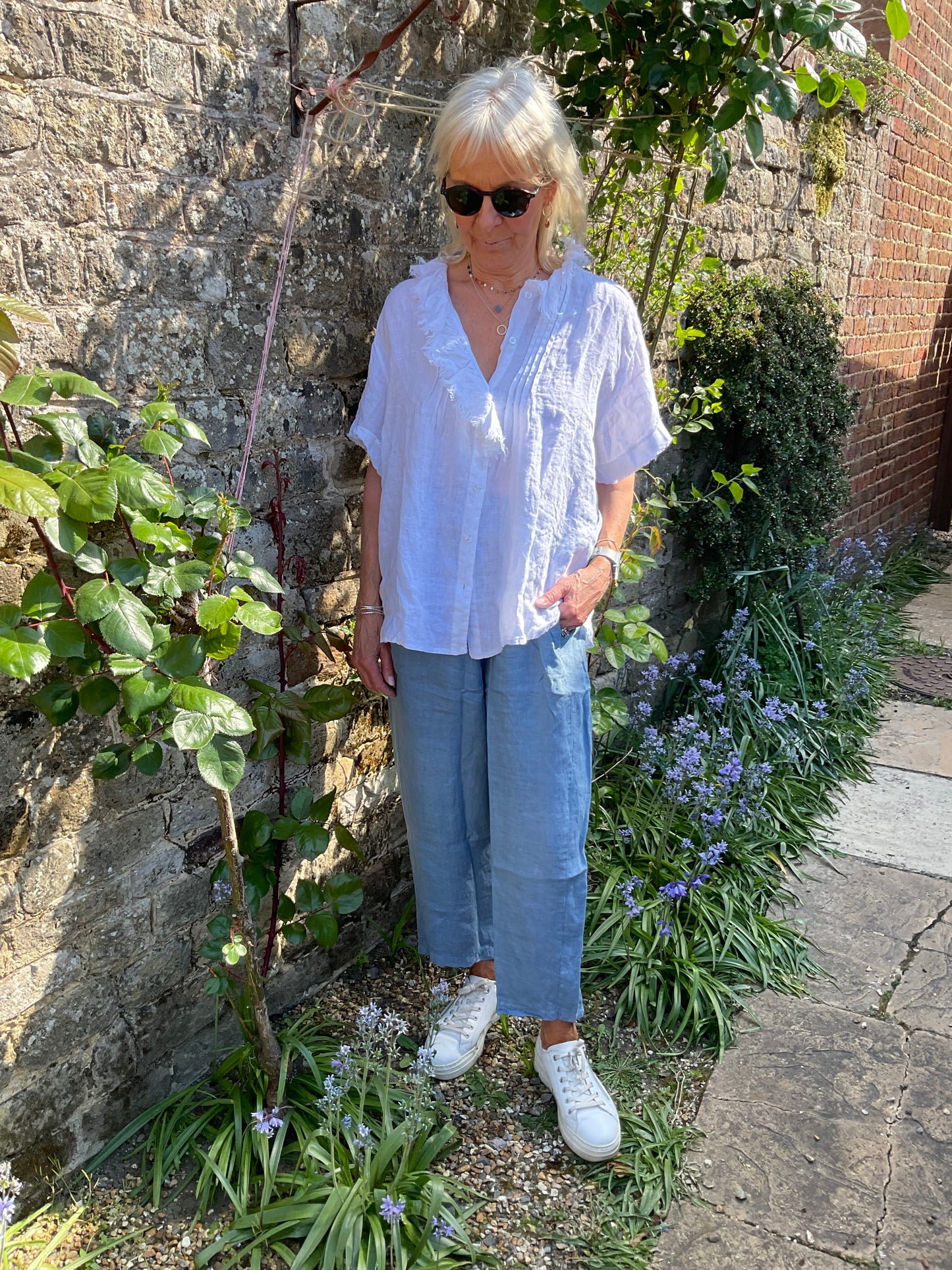 White ruffle linen shirt