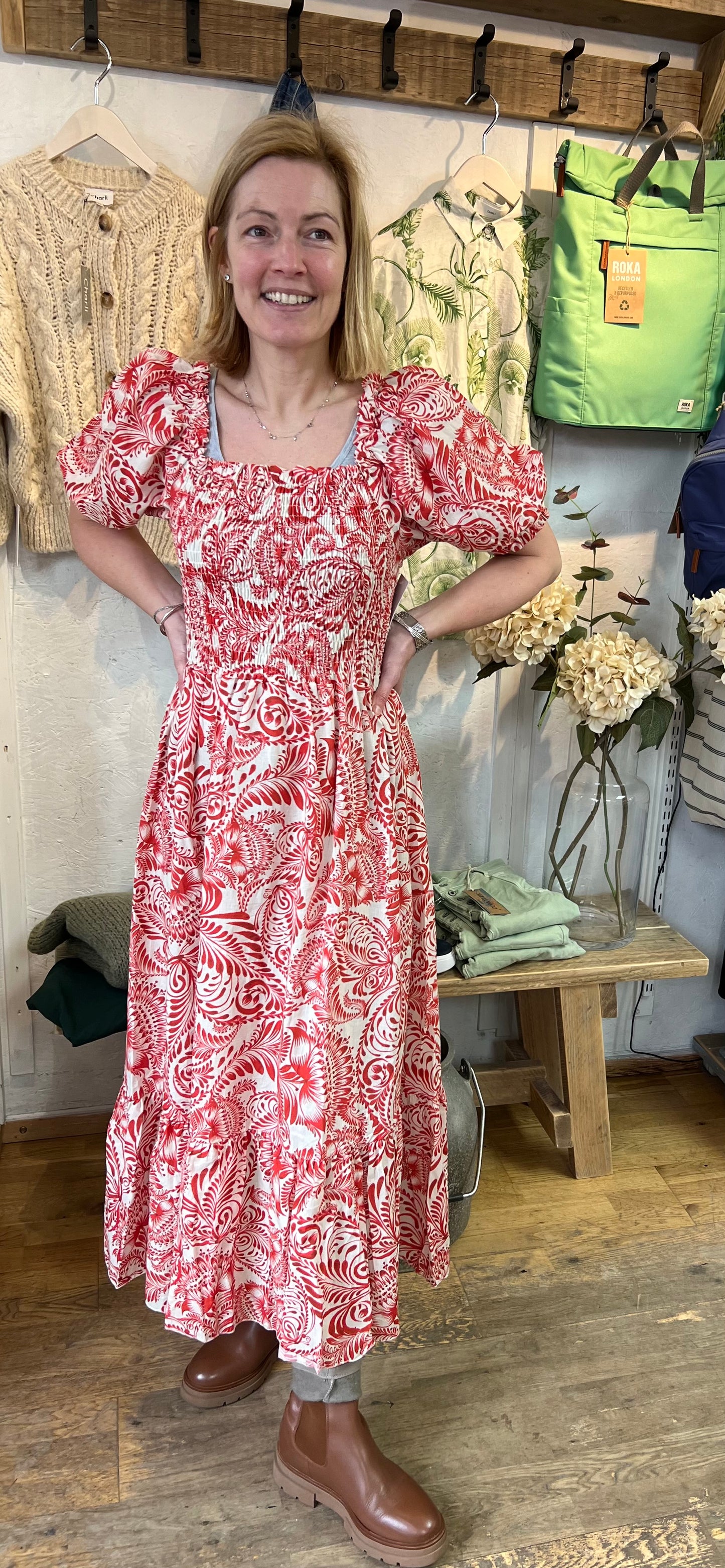 Carina cotton dress red print