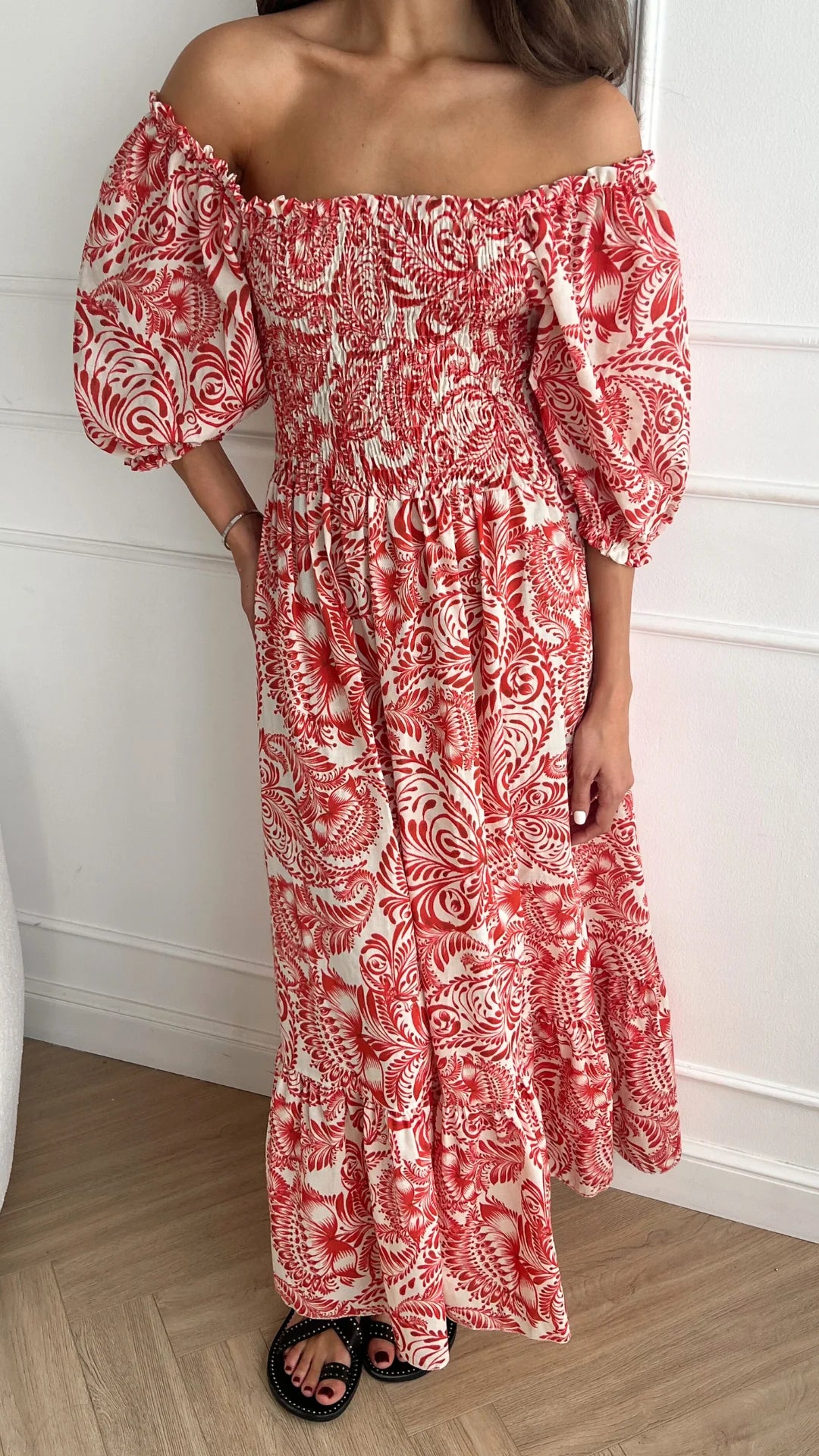 Carina cotton dress red print
