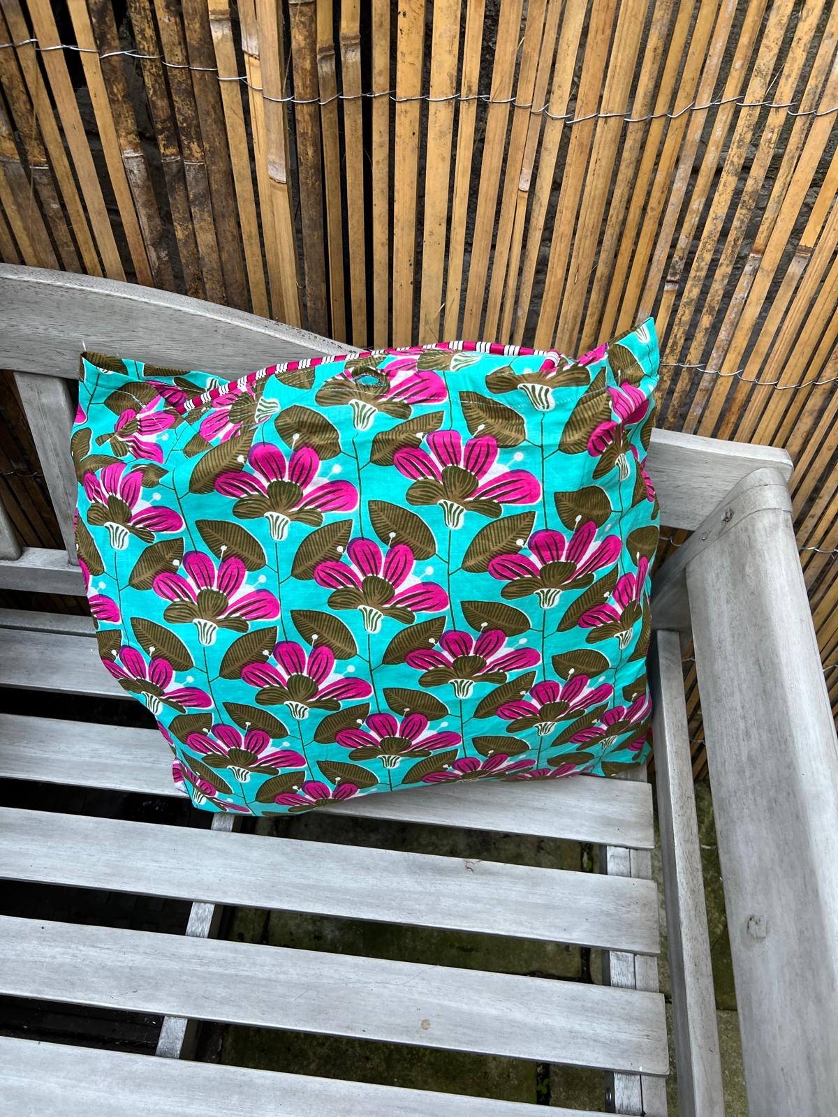 Serendipity Cotton Shoulder Tote - Teal & Pink
