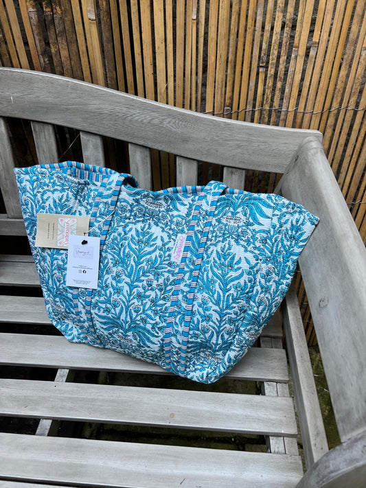 Serendipity Cotton Shoulder Tote - Aqua Baroque