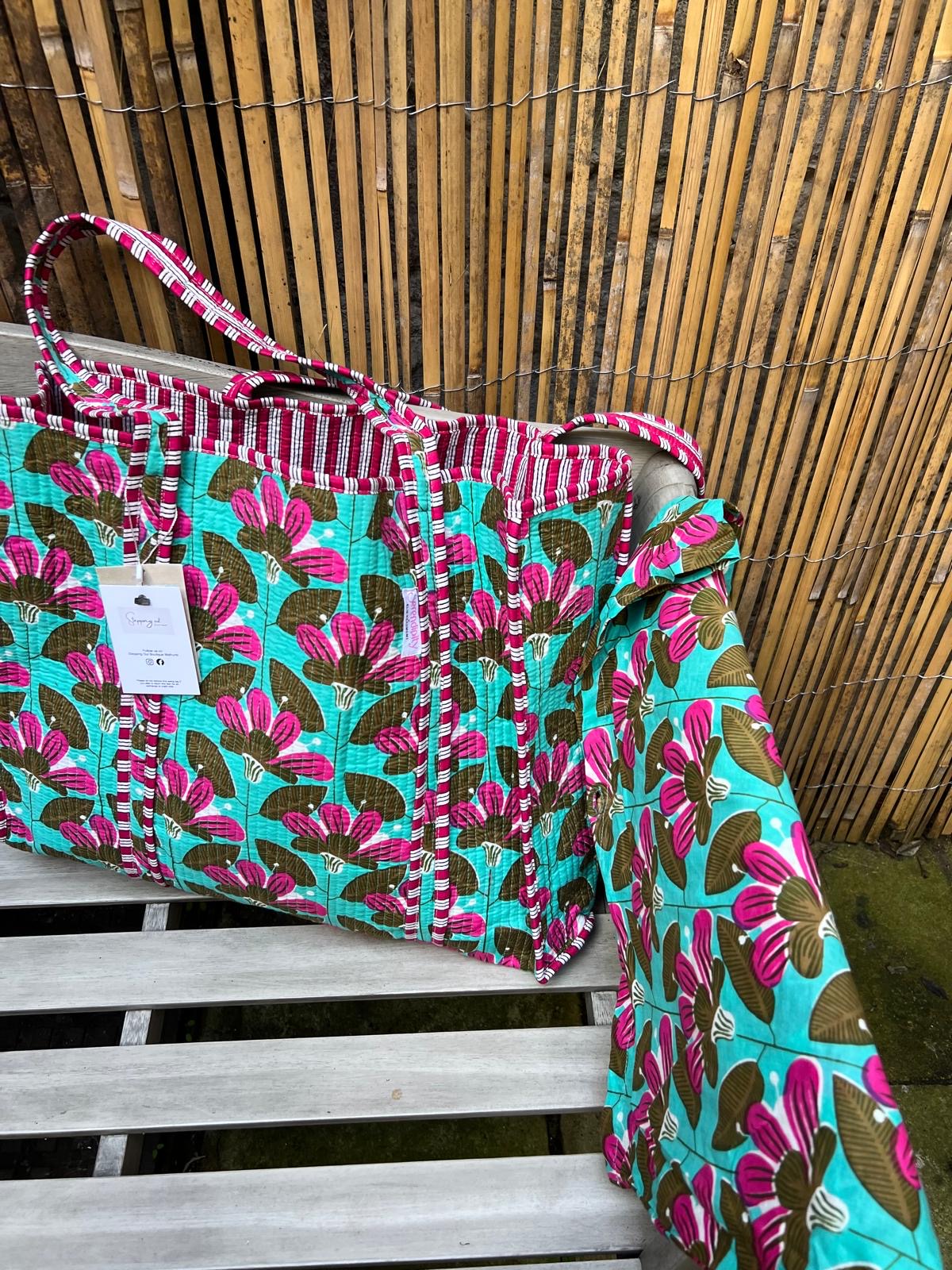 Serendipity Cotton Shoulder Tote - Teal & Pink