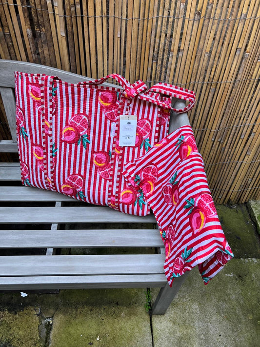 Serendipity Cotton Quilted Tote - Pink Pomegranate