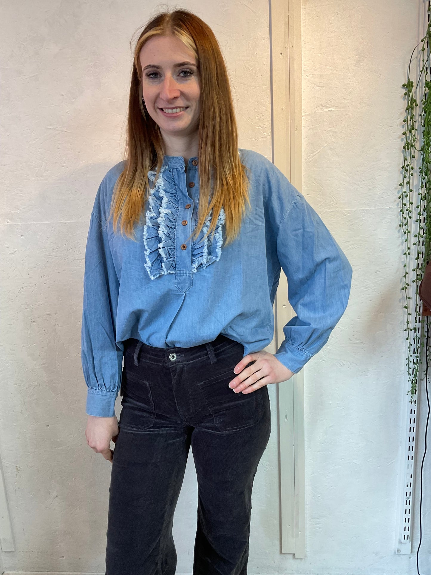 Lalita Chambray Ruffle Blouse