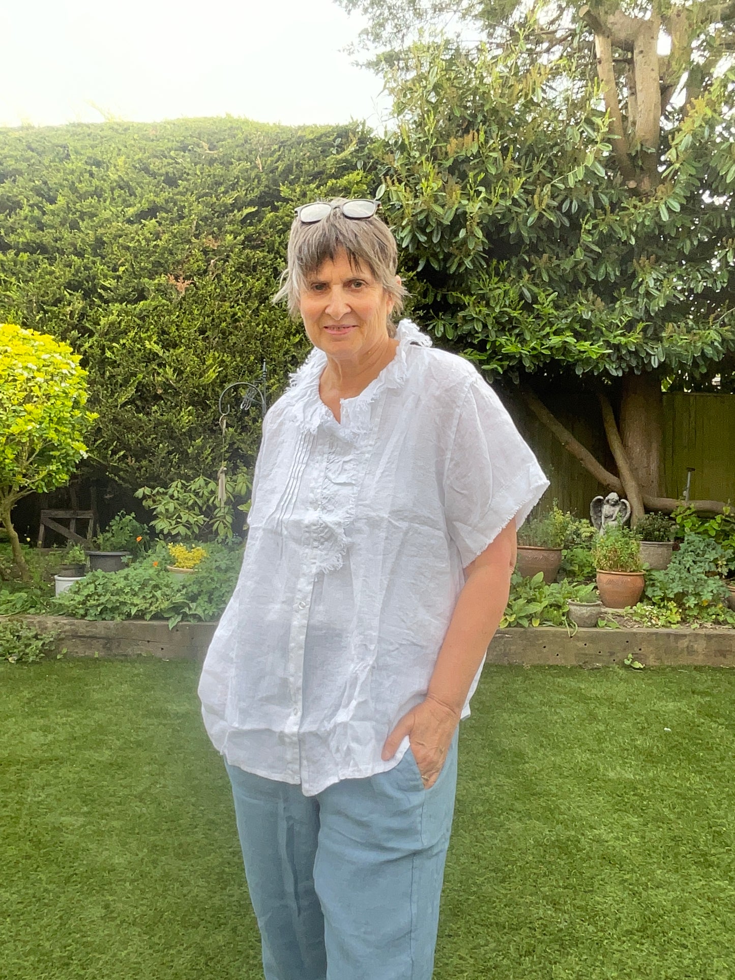White ruffle linen shirt
