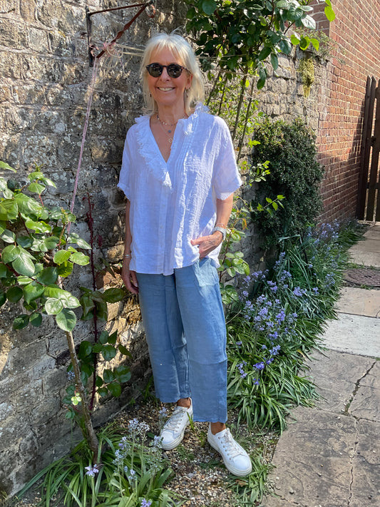 White ruffle linen shirt