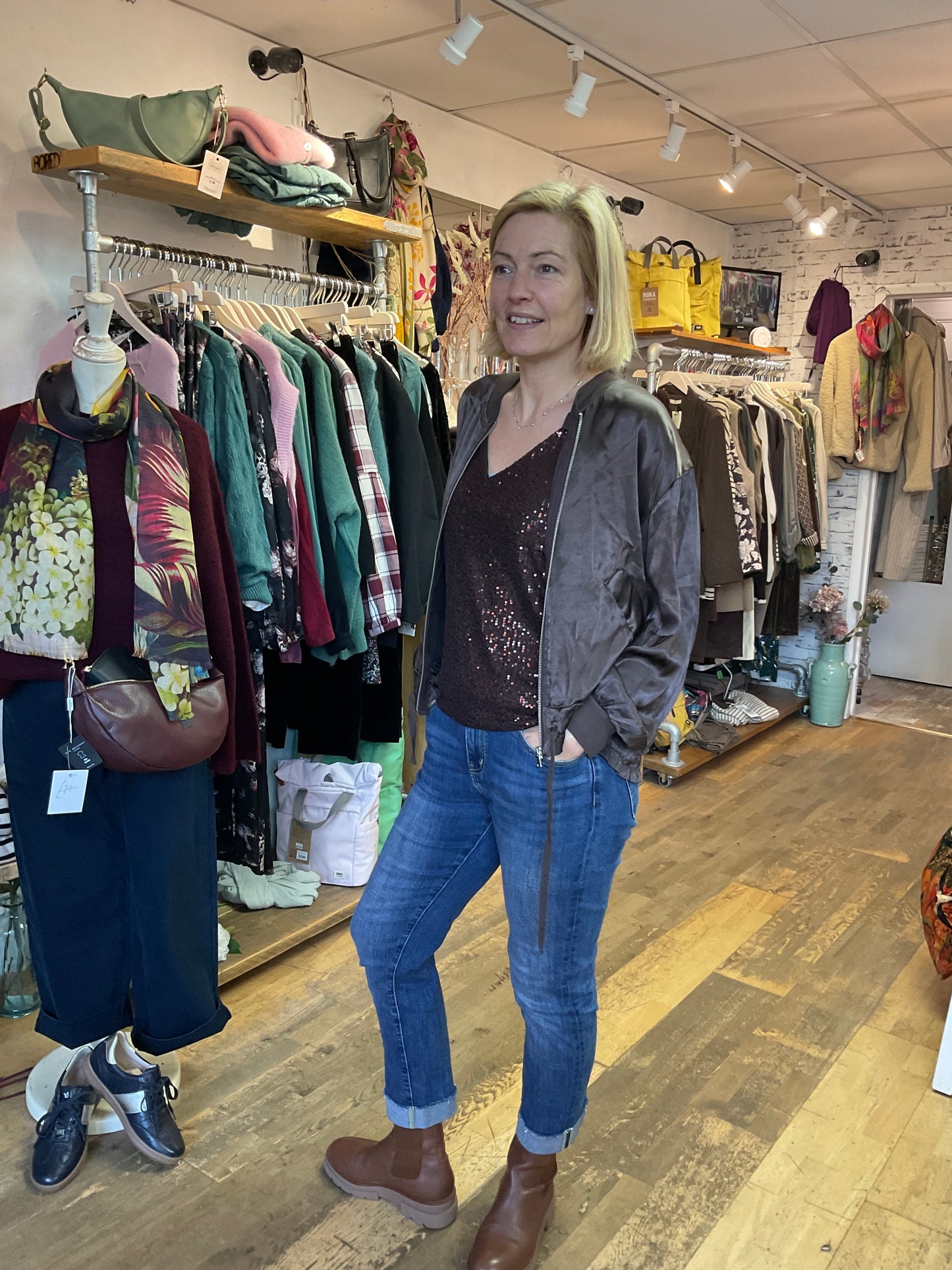 Styling our chocolate bomber and sequin top